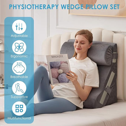 3PCS Bed Wedge Pillow for Headboard, Adjustable Wedge Pillow for Sleep Apnea, 23” Wide Triangle Pillow Wedge Set for After Surgery, Acid Reflux Relief, Snoring, Neck&Back Support, Grey
