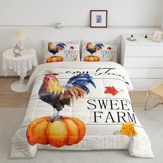 Chicken Pumpkin Comforter Set King Size,Thanksgiving Day Themed Bedding Set for Kids Teens Adults Home Room Decor,Maple Leaf Animals Plants Quilt Set Halloween Bedspread,2 Pillowcases