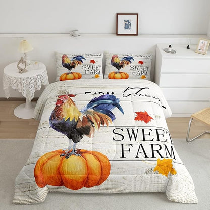Chicken Pumpkin Comforter Set King Size,Thanksgiving Day Themed Bedding Set for Kids Teens Adults Home Room Decor,Maple Leaf Animals Plants Quilt Set Halloween Bedspread,2 Pillowcases