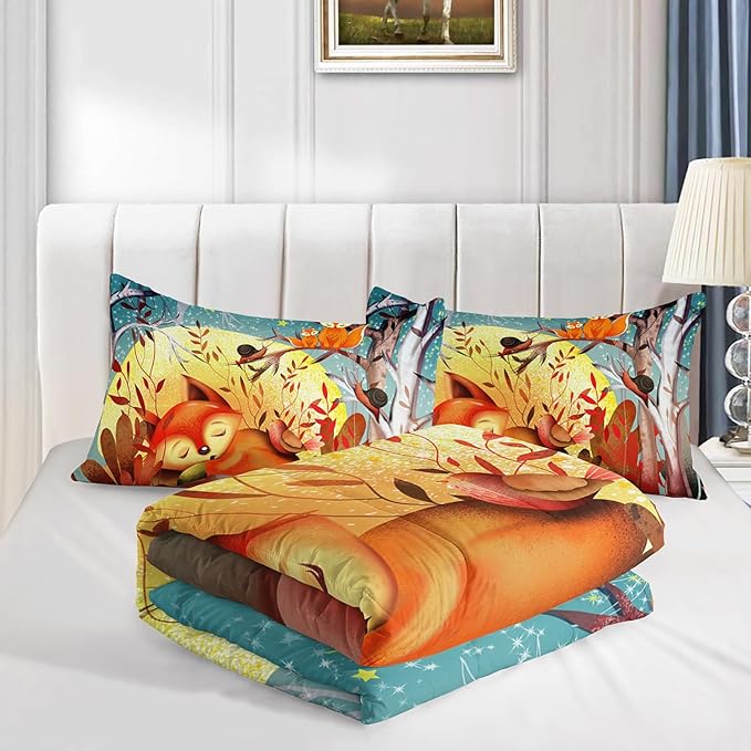 Colorful Cartoon Fox Comforter Set Full Cute Snails and Birds Pattern Bedding Fox Bedding Set for Kids Boys Girls Moon Trees Quilt Set with 1 Comforter and 2 Pillowcases