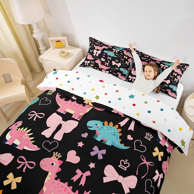 Cute Dino Duvet Cover Set King Size,Kawaii Bowknot Heart Princess Style Reversible Comforter Cover with 2 Pillowcases,Pink Black Dinosaur Cartoon Animal Microfiber Quilt Cover Set (NO Comforter)