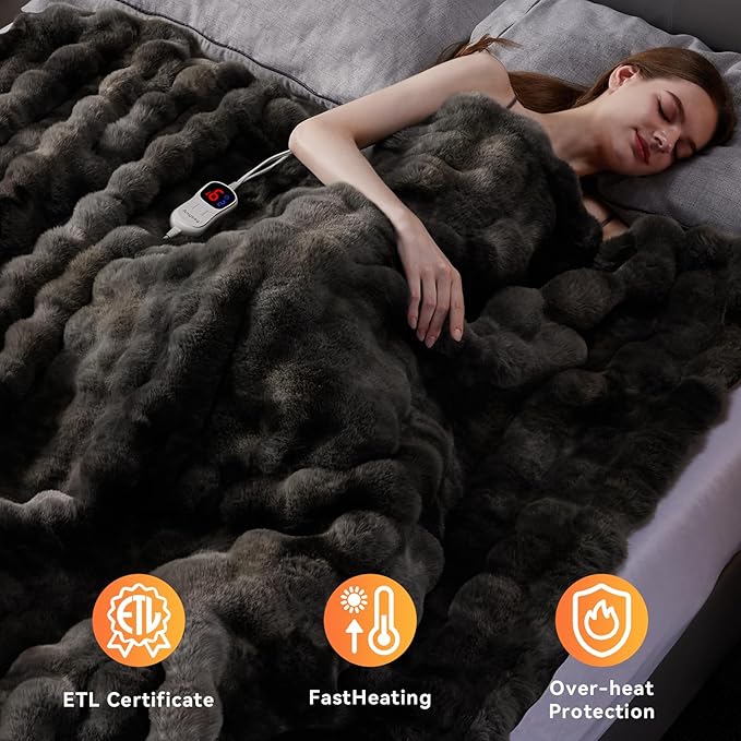 Heated Blanket Throw with 1/2/4/6/8 Hours Auto-Off 10 Heat Level, 62'' * 84'' Cozy Faux Rabbit Fur Bubble Electric Blanket with Overheat Protection(Tie-Dye Dark Grey)