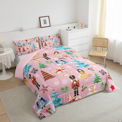 Erosebridal Christmas Queen Comforter Set for Kids Boys Girls,Christmas Nutcracker Bedding Set,Merry Christmas Down Comforter,Pink Christmas Reversible Bed Set with 2 Pillowcases for Bedroom