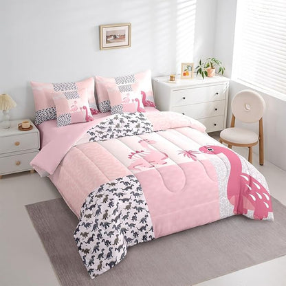 Feelyou Cute Dinosaur 7 Piece Bedding Set Pink Dinosaur Comforter Set with Sheets King Size for Kids Boys Girls Geometric Pattern Bed in a Bag Animal Theme Bed Set Soft Lightweight