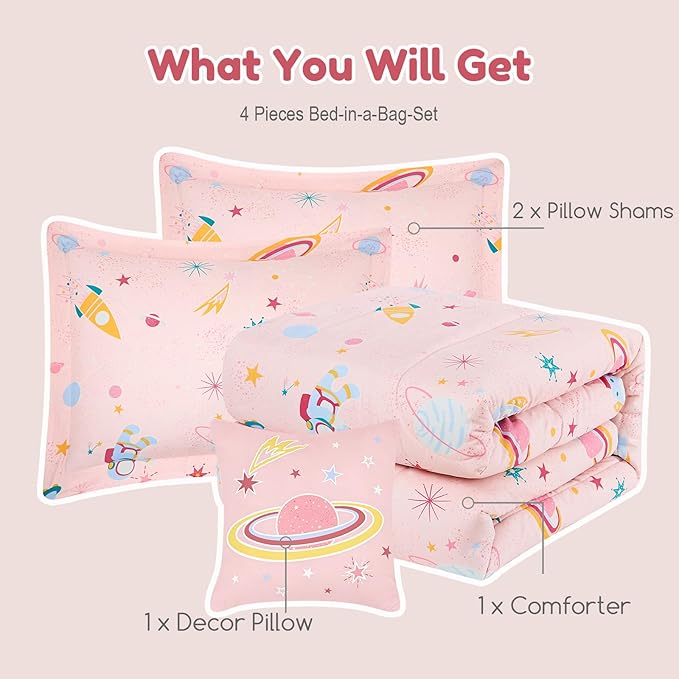 Full Size Comforter Set for Girls-4 Pieces Space Glow in The Dark Full Bedding Sets for Kids, 1 Comforter, 2 Shams and 1 Decor Pillow