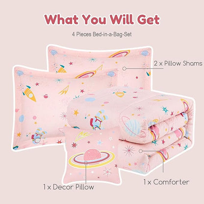 Full Size Comforter Set for Girls-4 Pieces Space Glow in The Dark Full Bedding Sets for Kids, 1 Comforter, 2 Shams and 1 Decor Pillow