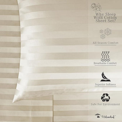 URBANHUT 1000 Thread Count Damask Striped Twin Size Egyptian Cotton Sheets, Long Staple Soft & Breathable, 4 Pc Bed Sheet Sets, Luxury Hotel Sateen Sheets Fits 16" Deep Pocket - Ivory