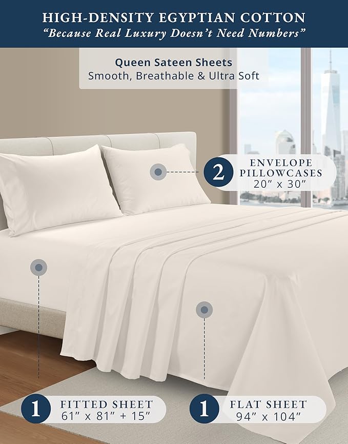 LANE LINEN Luxury 100% Egyptian Cotton Sheets Queen Size Bed Set, Eo Friendly Oeko-Tex Certified No Pill Fade Resistant Fully Elasticized Machine Washable Cotton Cooling Bed Sheet -Sea Salt