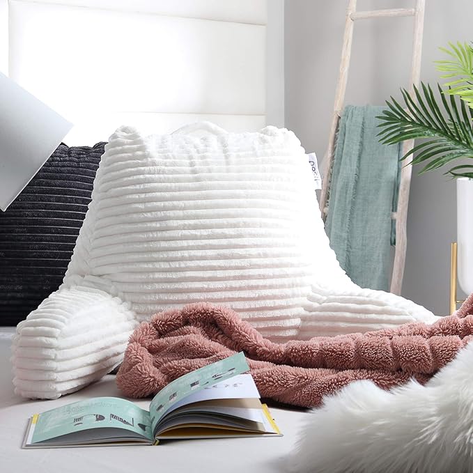 Nestl Reading Pillow with Shredded Memory Foam, Luxe Cut Plush Back Pillow for Sitting Up in Bed, Back and Arms Adjustable Support for Adult & Teens, Backrest Pillows with Washable Cover White