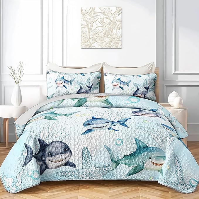 Ocean Blue Shark Quilts Bedding Set Queen Size for Boys Girls Adult 3Pcs Shark Starfish Quilt Bed Set All Season Seaweed Bedspreads Coverlet with 1 Quilt and 2 Pillowcases for Room Decor