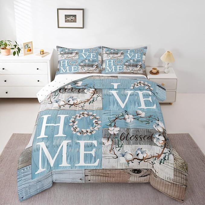 Rustic Farmhouse Bedding Set King Size Blue White Patchwork Wooden Board Comforter Set Cotton Flowers Quilt Set for Kids Women Youth Family Home Decor Botanical Floral Duvet Insert 3pcs