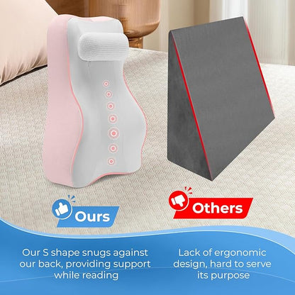 Ergonomic S Curve Reading Pillow for Sitting in Bed Adult- Back Pillow for Bed Sitting up with Adjustable Headrest- Memory Foam, Pink