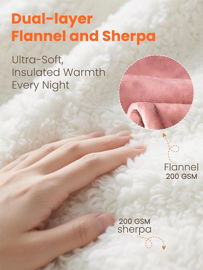 Electric Heated Blanket King, Ultra‑Cozy Premium Flannel & Sherpa, Even Heat Distribution & Stable Temp, 1–10H Auto‑Off, 8 Temps (86–125.6°F), Overheat Protection, Ideal Gifts for Grandma