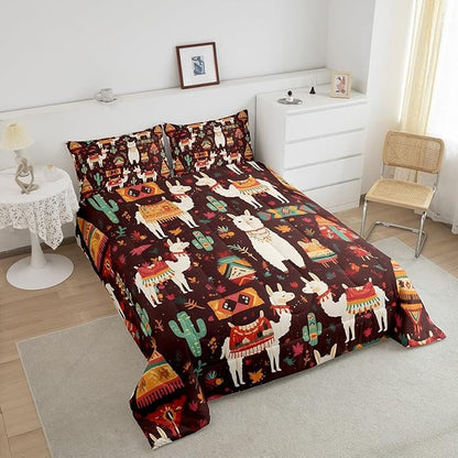 Bohemia Alpaca Bedding Set Full Size Exotic Tribal Style Comforter for Child Teens Desert Cartoon Cactus Down Comforter Retro Rustic Western Duvet Insert with 2 Pillowcases