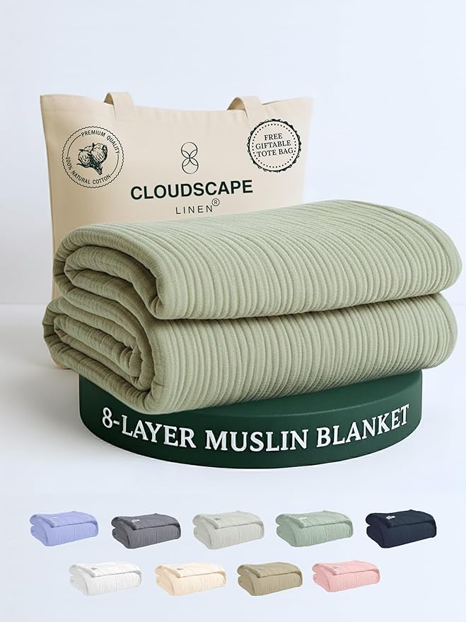 Cloud Scape Linen 100% Cotton 8 Layer Twin Size Muslin Blanket - Breatheable and Soft Winter Blanket for Bed, Couch and Sofa, Oversized Fits up to Twin XL, Best Gift Idea, 68x92, Sage Green