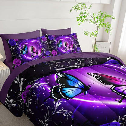 Purple Butterfly Comforter Set 7 Piece King Size Bed in A Bag,Dreamy Butterfly Bedding for Girls Room Decor,Soft Microfiber Comforter with Fitted Sheet,Flat Sheet, Pillowcases & Shams