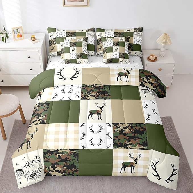 Feelyou Wild Deer 7 Piece Bedding Set King Size Geometric Pattern Comforter Set with Sheets for Kids Boys Girls Teens Green and Beige Bed in a Bag Camouflage Bed Set