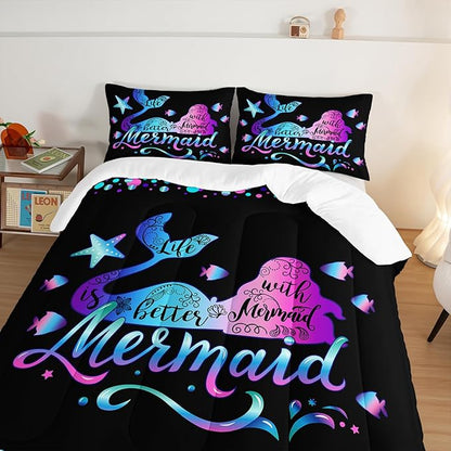 Mermaid Full Comforter Set,Gradient Color Mermaid Starfish Pattern Bedding Set for Kids Girls Princess Room Decor,Ocean Animal Themed Bedding Comforter Set with 2 Pillowcases.