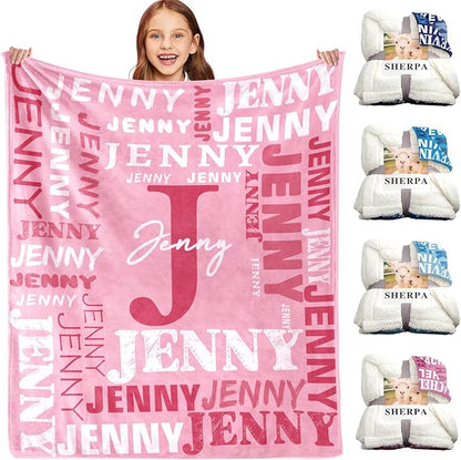 Personalized Blankets for Teen Boys Girls - Printed in USA Custom Blanket with Kid Names Reversible Plush Ultra-Soft Sherpa Fleece Monogrammed Baby Throw Blankets Customized Birthday Gifts for Adults