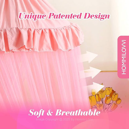 Pink Bed Canopy for Girls with Stars Lights, Princess Canopy Bed Curtains for Twin, Full, Queen Size Bed Hanging Canopy for Girls Room Decor, Kids Sheer Canopy Curtain