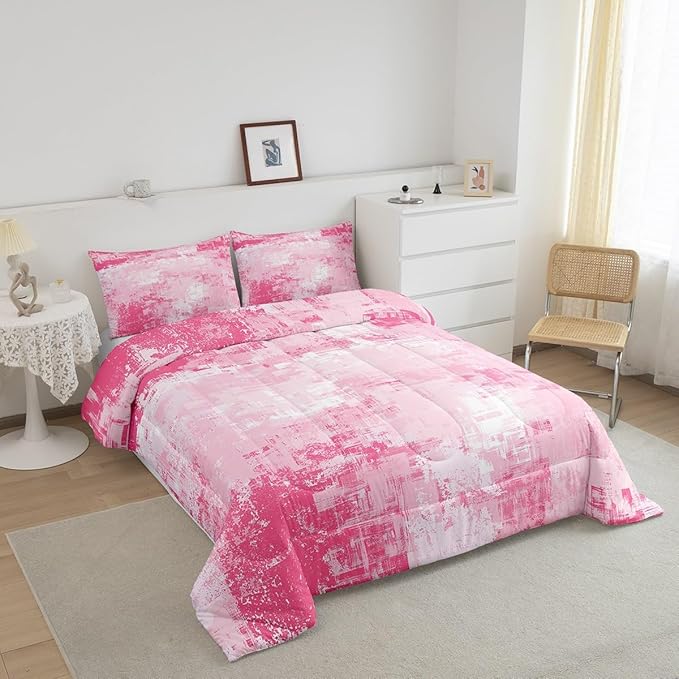 Feelyou Light Pink Abstract Duvet Quilt Geometric Bedding Set for Kids Boys Girls Teens Room Decor Modern Art Comforter Set Twin Size Buffalo Check 2Pcs Breathable Soft Lightweight Microfiber
