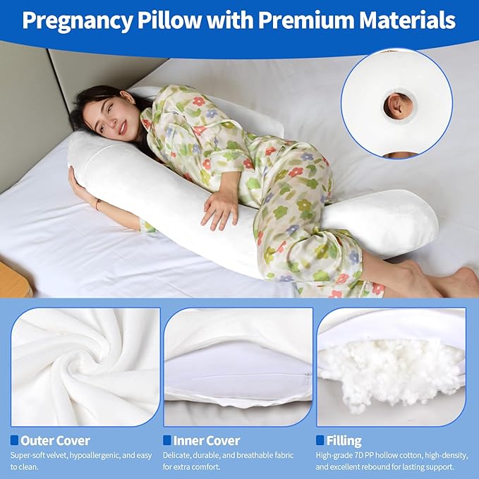 Pozico U-Shaped Full Body Pillow for Side Sleepers – 51-Inch Body Pillow with Ear Piercing Design – Cooling Pregnancy Pillow Orthopedic Support for Back, Neck & Hip – Soft Washable Velvet Cover