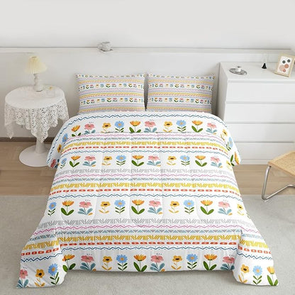 Castle Fairy Boho Floral Kids Comforter Set Twin Size,Watercolor Groovy Flowers Christmas Reversible Bedding Set for Teens Bedroom,Tribal Aztec Stripes Quilted Duvet with 1 Pillowcase