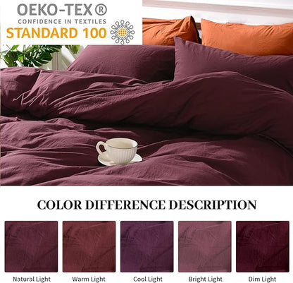 NEXHOME PRO Duvet Cover Set 100% Washed Cotton Kids Twin XL 66"x92", Organic Natural Linen Like Textured 2 Pieces Bedding Set Burgundy Dark Red with Zipper Closure, Breathable (No Comforter)