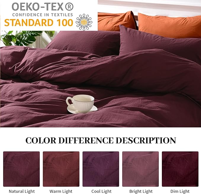 NEXHOME PRO Duvet Cover Set Kids Twin Size Linen Look Textured Organic Natural 100% Washed Cotton Duvet Cover Burgundy Dark Red 2 Pieces Bedding Set with Zipper Closure, Breathable (No Comforter)