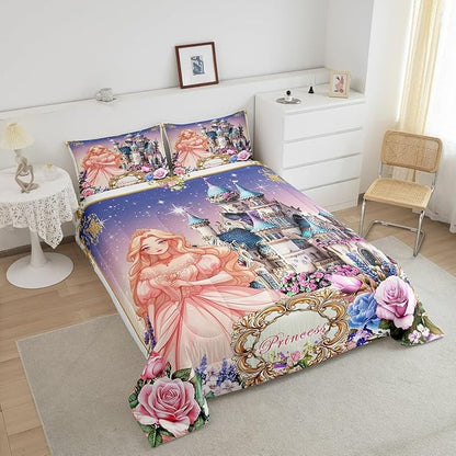 Pretty Princess Kids Comforter Set Queen Size,Dreamy Castle Cartoon Fairy Tale Reversible Bedding Set for Adult,Colorful Floral Starry Galaxy Luxury Bed Duvet Insert,2 Pillowcases