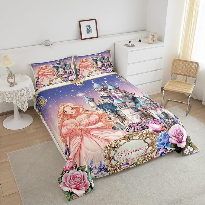 Pretty Princess Kids Comforter Set Toddler Size,Dreamy Castle Cartoon Fairy Tale Reversible Quilt Set for Boys Bedroom Decor,Colorful Floral Starry Galaxy Duvet Insert,1 Pillowcase