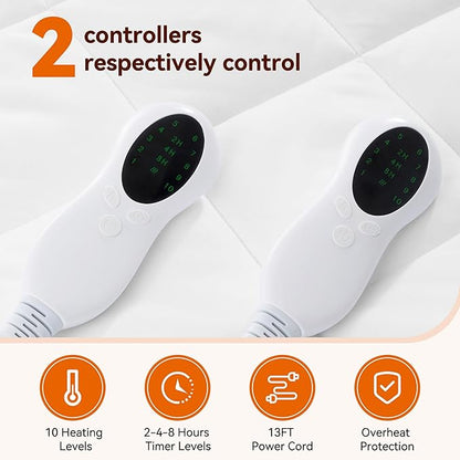 Electric Heated Mattress Pad Queen Size, Dual Controller Heating Mattress Pad Luxury Bed Warmer 10 Heat Settings | Auto Off 2-4-8 Hours | Fit Up to 18" Deep Pocket | Machine Washable