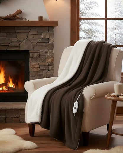 GarveeHome Electric Blanket Heated Throw, Heated Blanket Soft Double Sherpa Super Cozy with 4 Heating Levels & 4 Hours Auto Off, Overheat Protection, Machine Washable, ETL Certification, Brown 50"x60"