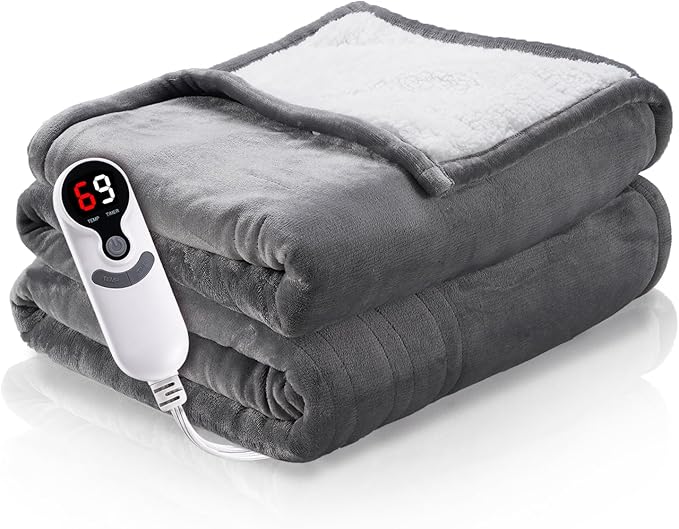 Heated Electric Blanket 62"x84" Twin Size Thickened Flannel and Sherpa with 6 Heating Levels & 10 Hours Auto-Off Overheating Protection-Light Gray
