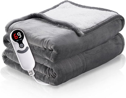 Heated Electric Blanket 62"x84" Twin Size Thickened Flannel and Sherpa with 6 Heating Levels & 10 Hours Auto-Off Overheating Protection-Light Gray