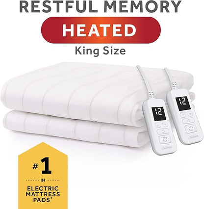 Sunbeam Electric Heated Mattress Pad King 80" x 76" 12 Heat Settings 12-Hour Auto Shut-Off Fast Heating Soft Cozy Fabric Deep Pocket Skirt Machine Washable