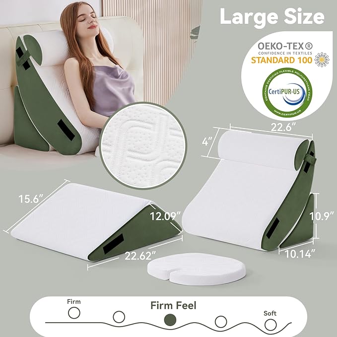 Wedge Pillow Set for After Surgery, 5 PCS Bed Wedge Pillow for Sleeping with Seat, Memory Foam Orthopedic Back Pillow for Pain Relief and Acid Reflux, Adjustable Post Surgery Pillow Green