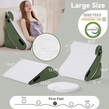 Wedge Pillow Set for After Surgery, 5 PCS Bed Wedge Pillow for Sleeping with Seat, Memory Foam Orthopedic Back Pillow for Pain Relief and Acid Reflux, Adjustable Post Surgery Pillow Green