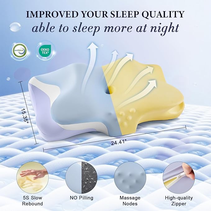 Cervical Pillow for Sleeping - Cooling Ergonomic Memory Foam Pillows for Neck Pain Relief, Contour Neck Support Pillow for Side, Back, Stomach Sleepers with Anti-Pilling Pillowcase (Sky Blue)