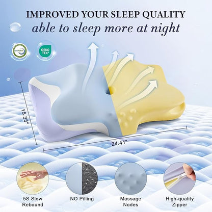 Cervical Pillow for Sleeping - Cooling Ergonomic Memory Foam Pillows for Neck Pain Relief, Contour Neck Support Pillow for Side, Back, Stomach Sleepers with Anti-Pilling Pillowcase (Sky Blue)