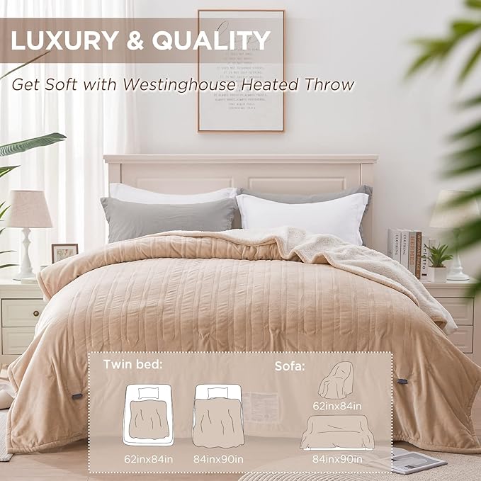 Westinghouse Full Size Heated Blanket, Soft Flannel & Sherpa, 10 Heating Levels, Auto Shut Off, Machine Washable, Beige, 72x84 Inch