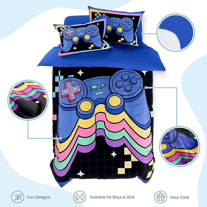 SANDJEST Gamer Comforter Sets for Boys, Ultra Soft Microfiber Comforter Set with 3-Pieces, Video Game Bedding Sets for Kids Children Boy Bedroom Decor