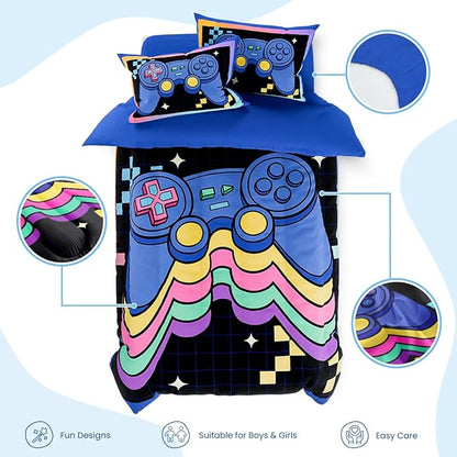SANDJEST Gamer Comforter Sets for Boys, Ultra Soft Microfiber Comforter Set with 3-Pieces, Video Game Bedding Sets for Kids Children Boy Bedroom Decor