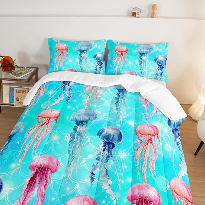 HOSIMA Colorful Jellyfish Comforter Set King Size,Ocean Animal Theme Bedding Sets for Kids Boys Girls,Blue Fish Scales Glitter Marine Decor Comforter Bedding Collection with 2 Pillowcases.