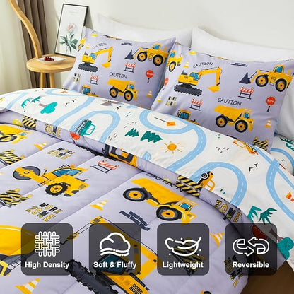 Holawakaka Construction Truck 5-Piece Twin Bed-in-A-Bag Set, Boys Comforter & Sheet Set with Excavator & Tractor Print, Kids Bedding Collection, Machine Washable, Gift for Kids