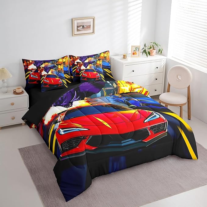 Feelyou Racing Car 7 Piece Bedding Set King Size Red Blue Racing Car Comforter Set with Sheets for Kids Boys Teens Dinosaur Monster Bed in a Bag Fast and Furious Bed Set