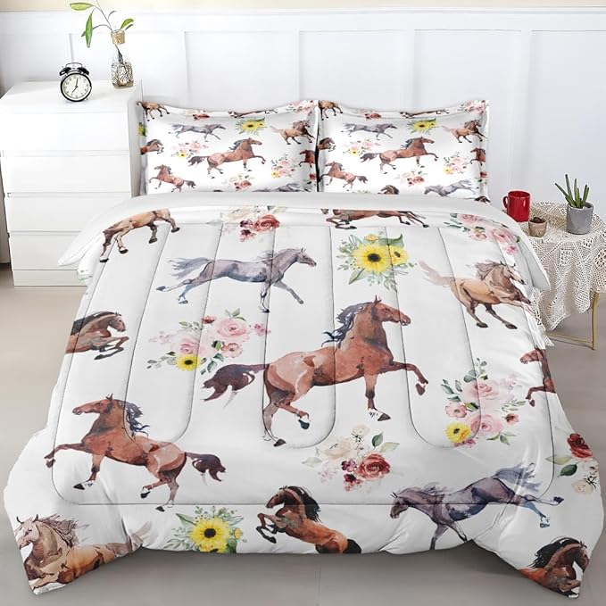Twin Size Comforter Set with Pillowcase, Vintage Horse Brown Soft 2 Pcs Bedding for Kids and Adults, Get Watercolor Run Comforter Set for Room Bedroom Bed Decor