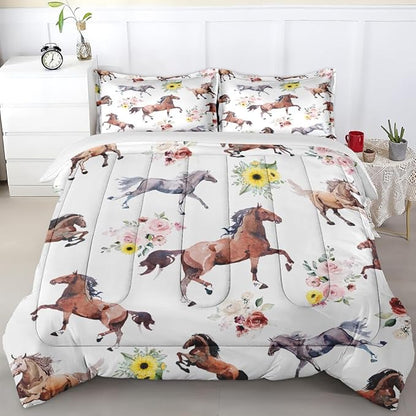 Twin Size Comforter Set with Pillowcase, Vintage Horse Brown Soft 2 Pcs Bedding for Kids and Adults, Get Watercolor Run Comforter Set for Room Bedroom Bed Decor
