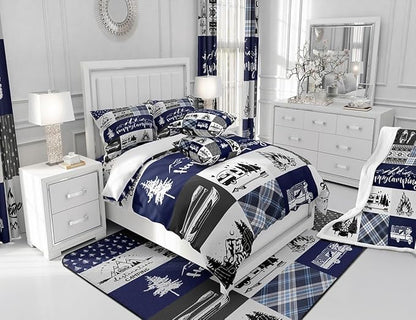 Camping Adventure Duvet Cover Set King Size for Teens,RV Camper Accessories for Travel Trailers Comforter Cover with 2 Pillowcases,Rustic Blue Plaid Boho Aztec Exotic Microfiber Bedding Quilt Cover