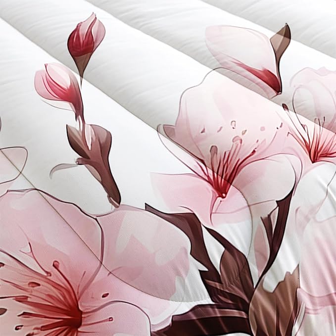 Colorful Butterfly Cherry Blossom Comforter 3Pcs Queen Sakura Flower Romantic Butterfly Bedding Set for Kid Teen Girl Boy Adult Petal Floral Quilt Decor with 1 Comforter and 2 Pillowcases